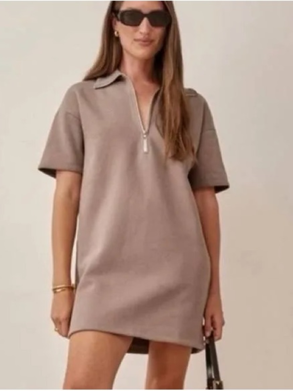 Reformation Hampton Sweat Dress in taupe/brown zip polo mini dress sz Small